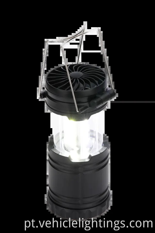 LED Multi Função 2 em 1 Luz recarregável de acampamento dobrável para acampamento de emergência Lanterna de ventilador com gancho de suspensão